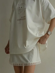 Cream satin lounge set with ballerina graphic T-shirt and lace hem mini skirt