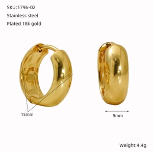Detail of 18k gold plated stainless steel hoop earrings showing 15mm diameter size