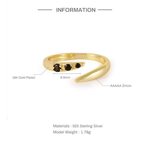 Detail of 18K gold plated S925 silver ring with three black AAAAA zircon stones