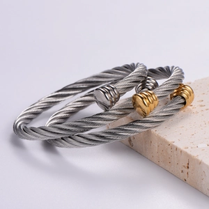 Two-tone woven wire rope bracelet in punk style made of adjustable stainless steel