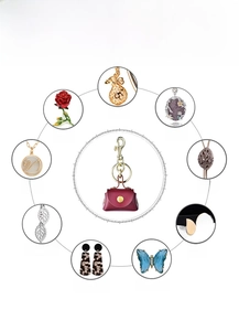 Detail showing nine specialized jewelry manufacturing crafts and red leather bag keychain