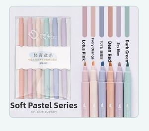 Detail of 6-color dual-tip highlighters set in soft salt series low-saturation tones