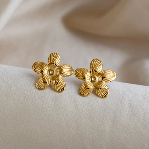 Elegant 18K gold plated stainless steel floral earrings with brushed texture finish