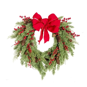 50cm heart-shaped Christmas wreath with red berries, pine cones and a big red bow