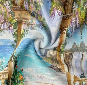 Detailansicht des floralen mediterranen Landschaftsdrucks auf weichem Wandbehang