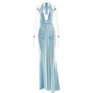 Close-up of light blue halter neck maxi dress with deep V-neck and draped sash detail