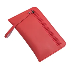 Red pebbled leather long clutch bag for women with wristlet strap and metal zipper