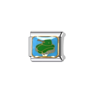 Stainless steel bracelet charm with golden edge and green tank on blue enamel base