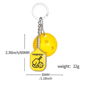 Pickleball paddle keychain with yellow ball including detailed size and weight specs