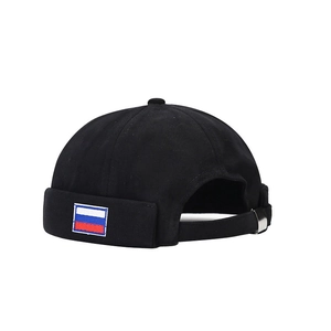Black cotton docker hat with Russian flag patch and adjustable silver buckle back
