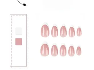 Flat lay detail of almond-shaped French nails with white tips and pink base set