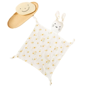 Cotton muslin baby lovey with white plush rabbit head and yellow floral pattern
