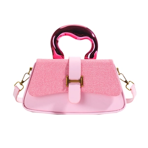 Pink leather handbag with woven texture flap and metallic artistic handle for women