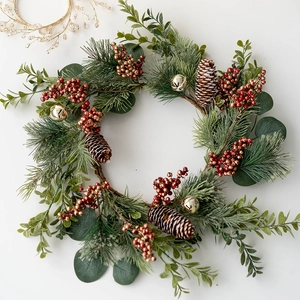 Christmas wreath with pine needles, red berries, pinecones and golden bells on white background