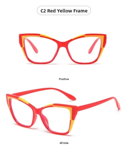 Detail of red and yellow cat eye glasses frames showing front and 45-degree side views