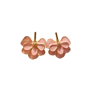 Vintage pink layered flower earrings with gold edges and stamens on white background