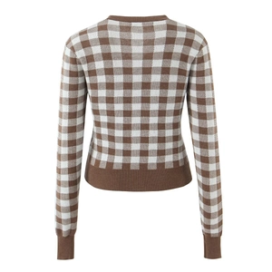 Women's brown checkered knit long sleeve cardigan back view on white background