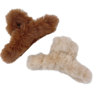 Brown and cream plush faux fur hair claw clips set against a clean white background
