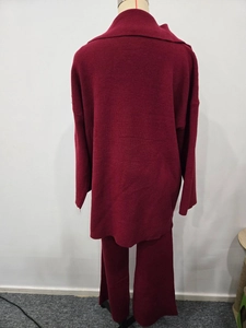 Back view of burgundy knit two-piece set with half-zip top and wide-leg trousers on a mannequin
