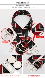 Detailed view of woven strap with geometric patterns, gold hooks and adjustable buckle