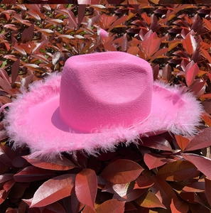 Primer plano de sombrero vaquero rosa con ribete de plumas y textura de fieltro