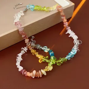 Colorful natural stone beaded necklace with stainless steel clasp for women beach style