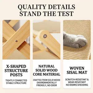 X-shaped solid wood cat hammock bed with natural sisal scratching surface for indoor use