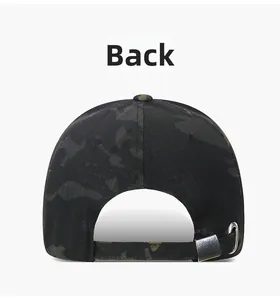 Detail view of the camouflage baseball cap back with adjustable silver metal buckle strap