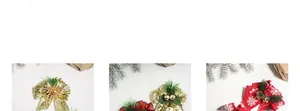 Detail of Christmas bows with bells, pine cones, and needles on festive gift boxes
