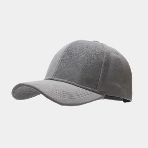 Detailed side view of grey wool baseball cap with brushed texture and curved brim