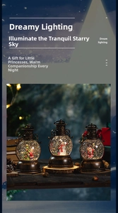 Christmas lantern with glowing snow globe scene featuring Santa and snowman