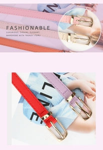 Detail of colorful PU leather skinny belts with gold oval buckles for women
