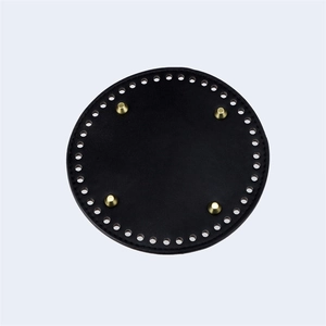 Black round leather bag base with golden feet and pre-punched holes for DIY crochet bags