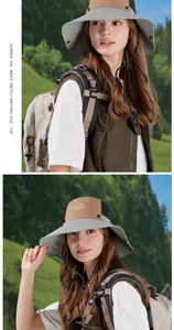 Detail view of two-tone outdoor sun hat featuring side mesh vents and windproof rope