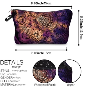 Detail showing mandala print makeup bag dimensions and waterproof fabric with zipper