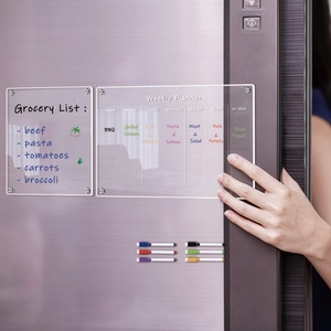 Magnetic acrylic weekly planner and grocery list on fridge with six colored markers