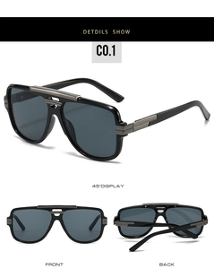 Detailed multi-angle views of square navigator sunglasses with metal bridge and grey lenses