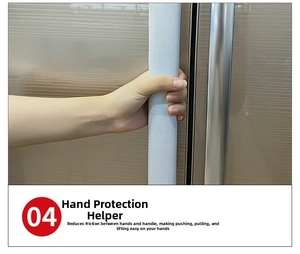 Detail of grey fabric refrigerator handle cover showing soft texture and anti-slip grip