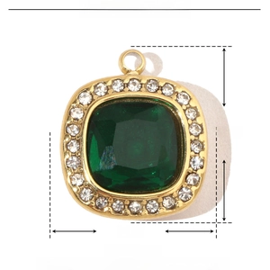 Detailed size parameter view of square green stone pendant with golden base and zircons
