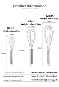 Size chart for 8, 10, and 12-inch stainless steel hand whisks with detailed dimensions