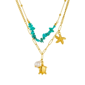 Double-layered gold necklace with turquoise stones, sea turtle, and starfish charms