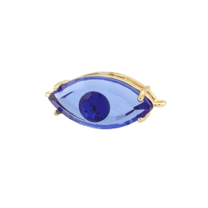Macro shot of gold-plated evil eye connector with blue faceted crystal and double loops