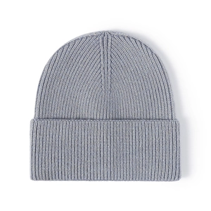 Classic light grey ribbed knit beanie with thick fold-over cuff for autumn and winter