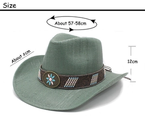 Detail view of green woven cowboy hat with size dimensions 57-58cm for Western style
