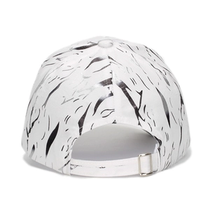 White baseball cap with silver metallic tiger print and adjustable buckle back view