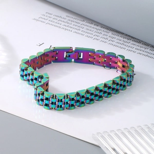 Rainbow gradient stainless steel watch band chain link bracelet in heart shape