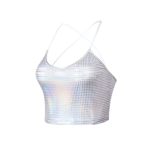 Detailed view of silver holographic sequins and crisscross straps on cropped V-neck top