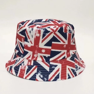 Detailed close-up of Union Jack flag print and durable stitching on a sun bucket hat