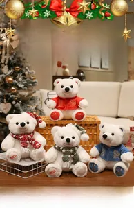 Plush Christmas teddy bears in festive outfits shown against a holiday home background