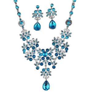 Zirconia flower pendant necklace and teardrop tassel earrings jewelry set in sky blue